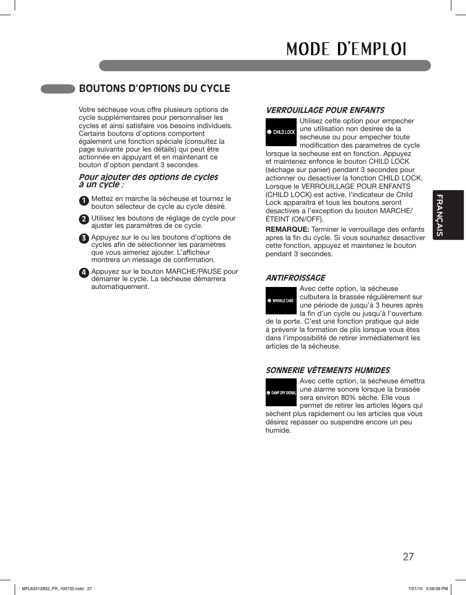 Boutons d’options du cycle | LG DLE2140W User Manual | Page 111 / 124