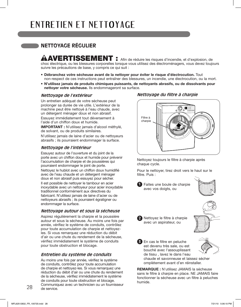 Wavertissement, Nettoyage régulier | LG DLE2140W User Manual | Page 112 / 124