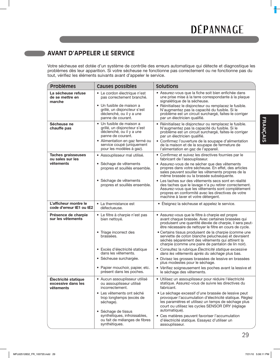 Avant d’appeler le service, Français | LG DLE2140W User Manual | Page 113 / 124
