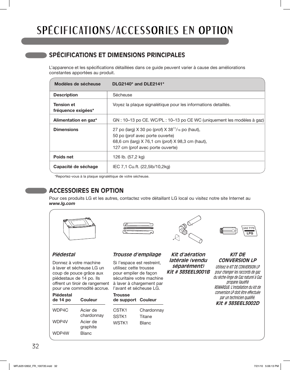 Spécifications et dimensions principales, Accessoires en option | LG DLE2140W User Manual | Page 116 / 124