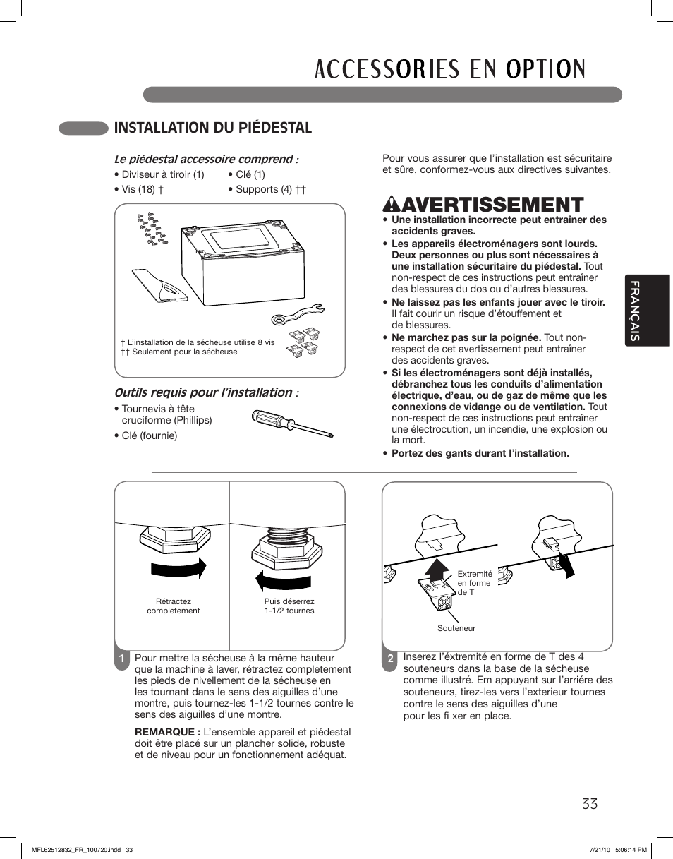 Wavertissement, Installation du piédestal | LG DLE2140W User Manual | Page 117 / 124