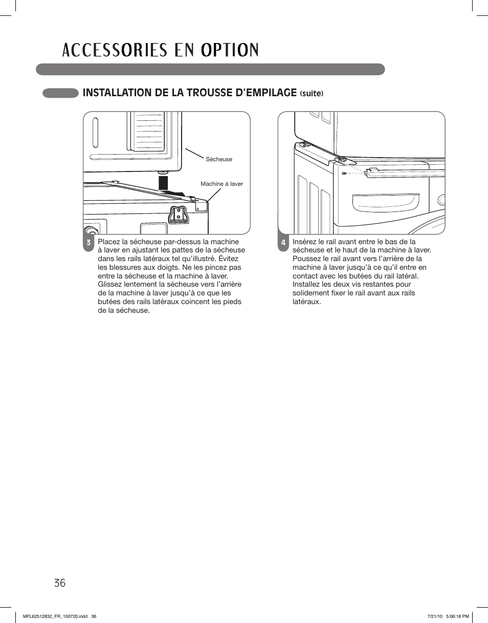 36 installation de la trousse d’empilage | LG DLE2140W User Manual | Page 120 / 124