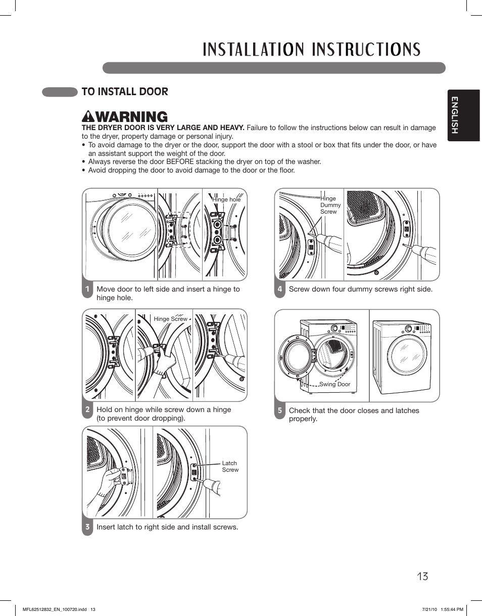 Wwarning, 13 to install door | LG DLE2140W User Manual | Page 13 / 124