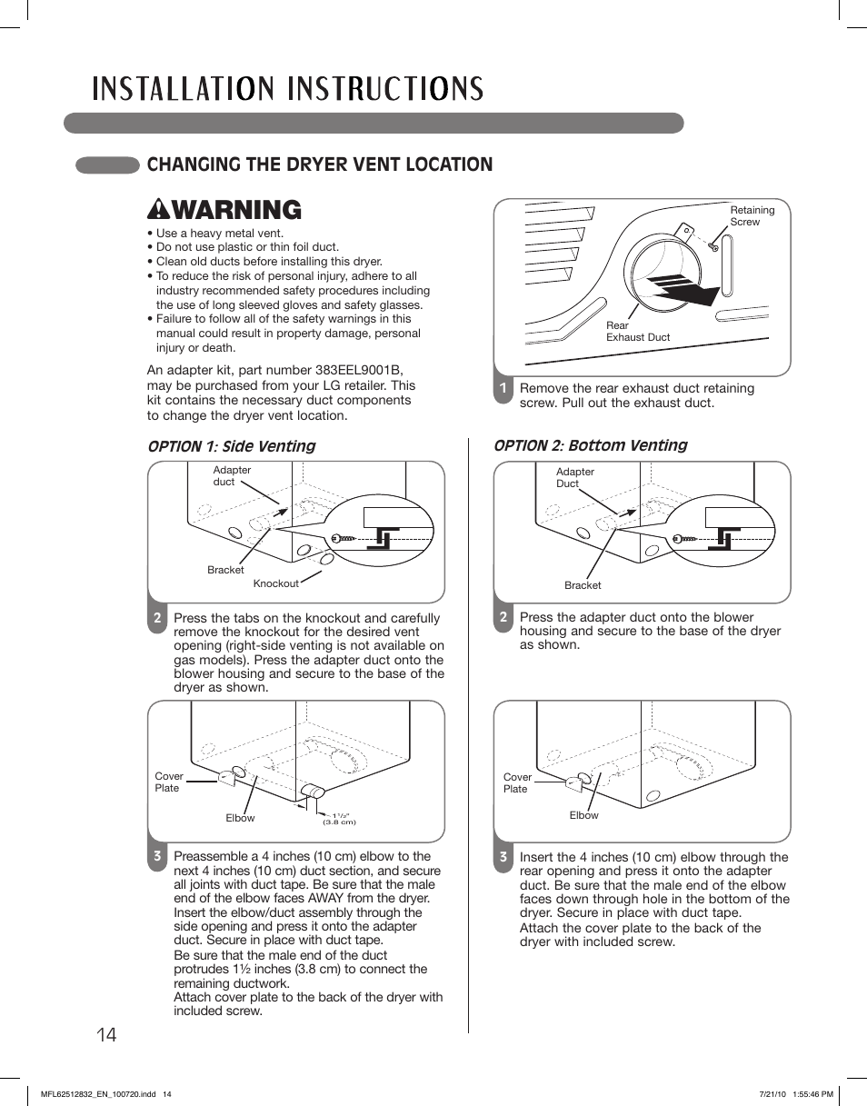 Wwarning, Changing the dryer vent location | LG DLE2140W User Manual | Page 14 / 124