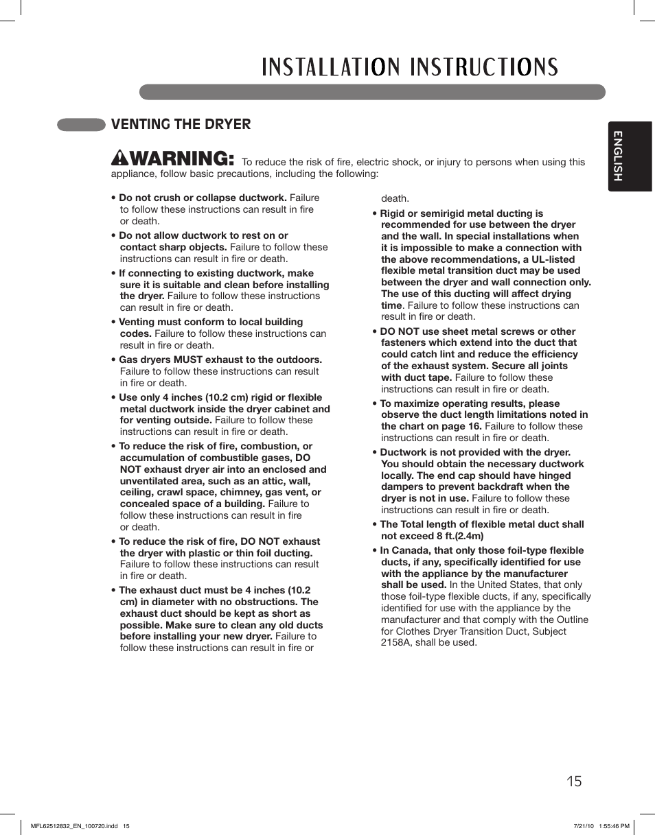 Wwarning, Venting the dryer | LG DLE2140W User Manual | Page 15 / 124