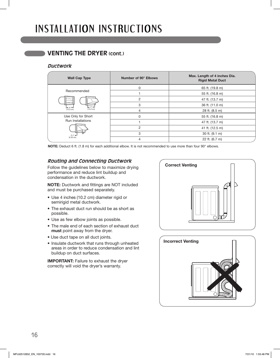 Venting the dryer, Routing and connecting ductwork, Cont.) | Ductwork | LG DLE2140W User Manual | Page 16 / 124