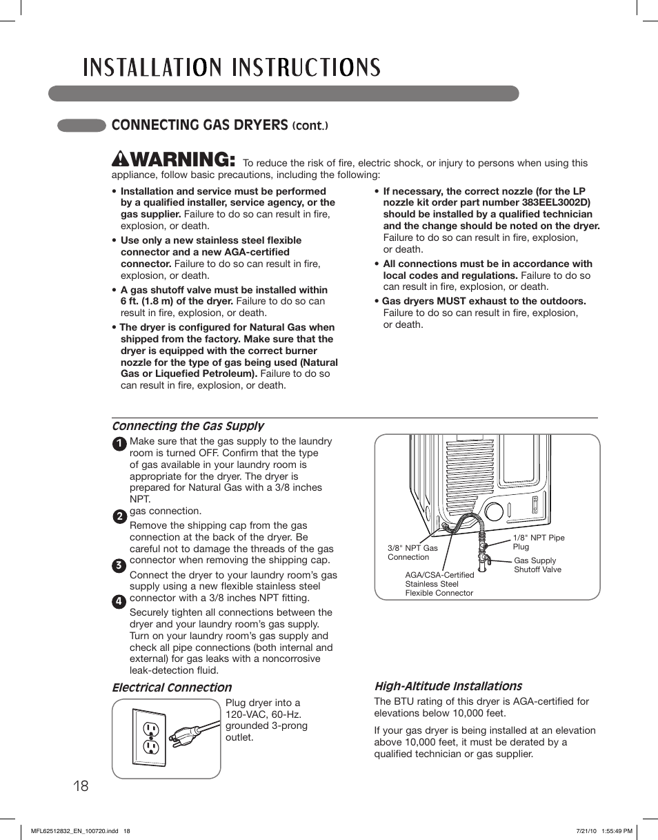 Wwarning, Connecting gas dryers | LG DLE2140W User Manual | Page 18 / 124