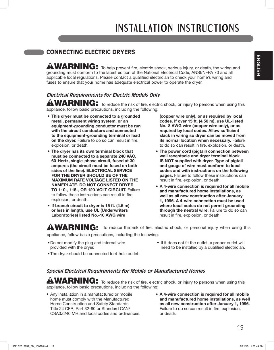 Wwarning, Connecting electric dryers | LG DLE2140W User Manual | Page 19 / 124