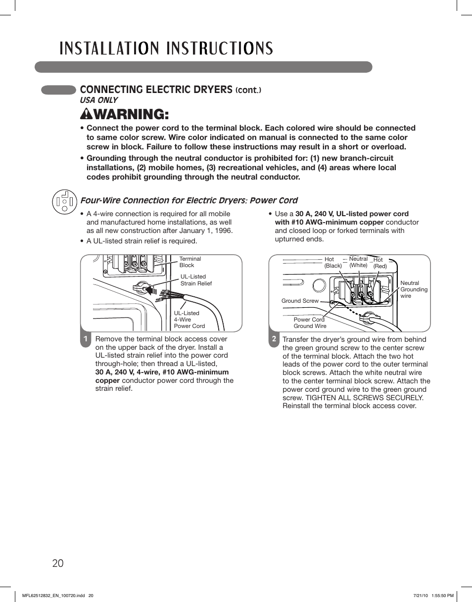 Wwarning, Connecting electric dryers | LG DLE2140W User Manual | Page 20 / 124