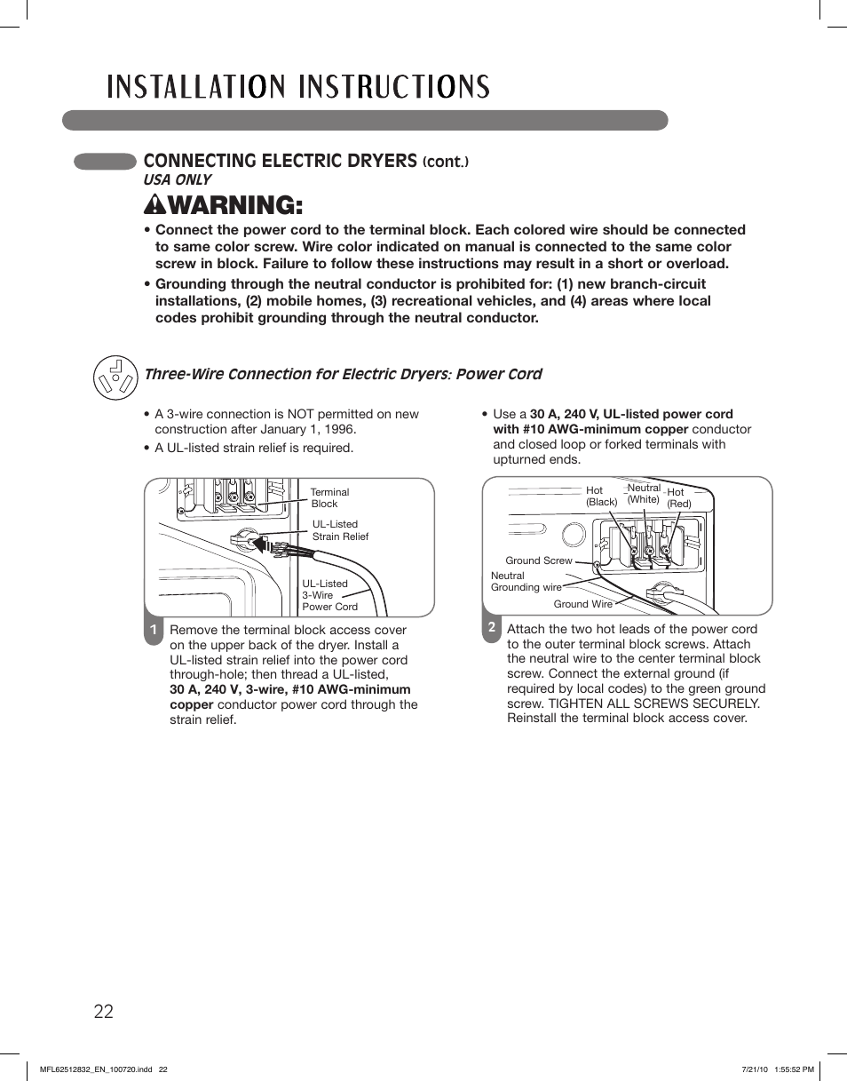Wwarning, Connecting electric dryers | LG DLE2140W User Manual | Page 22 / 124