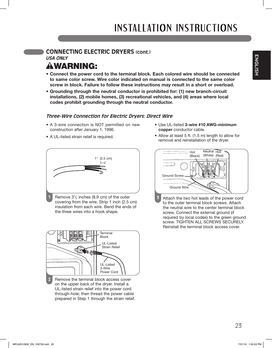 Wwarning, Connecting electric dryers | LG DLE2140W User Manual | Page 23 / 124