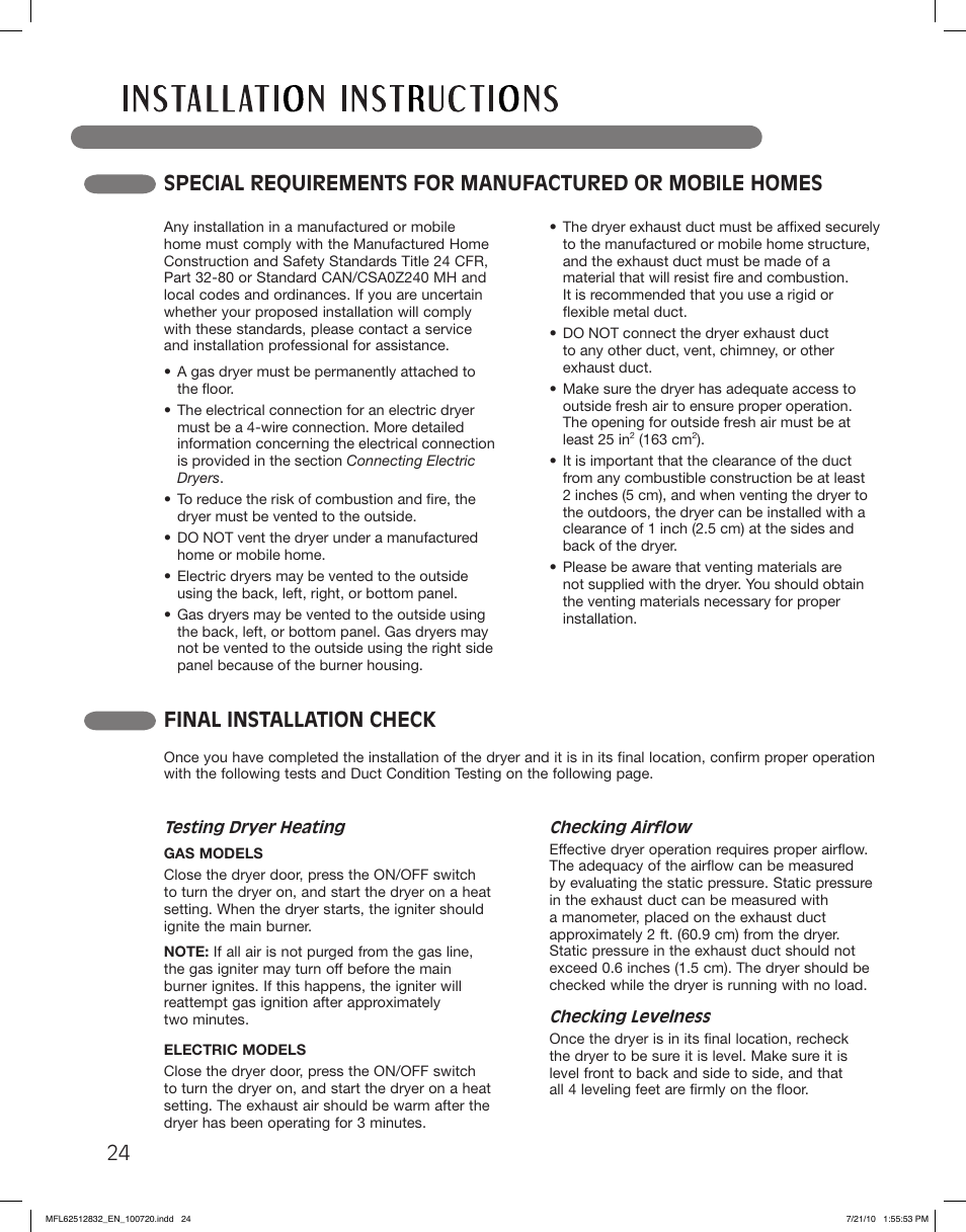 Final installation check | LG DLE2140W User Manual | Page 24 / 124