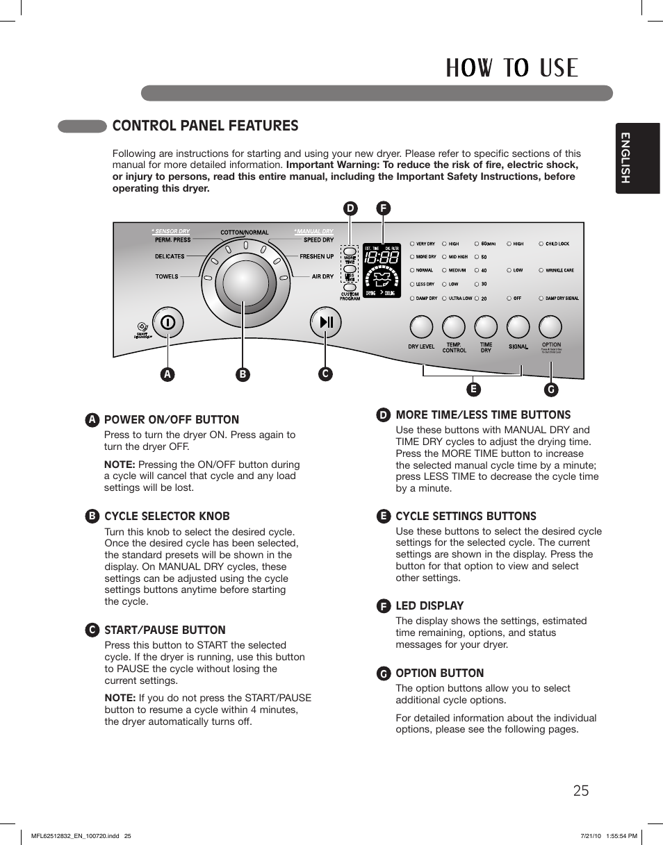 Control panel features | LG DLE2140W User Manual | Page 25 / 124