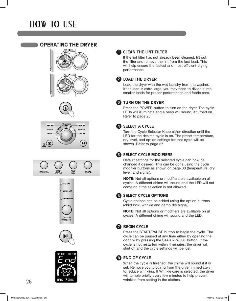 Operating the dryer | LG DLE2140W User Manual | Page 26 / 124