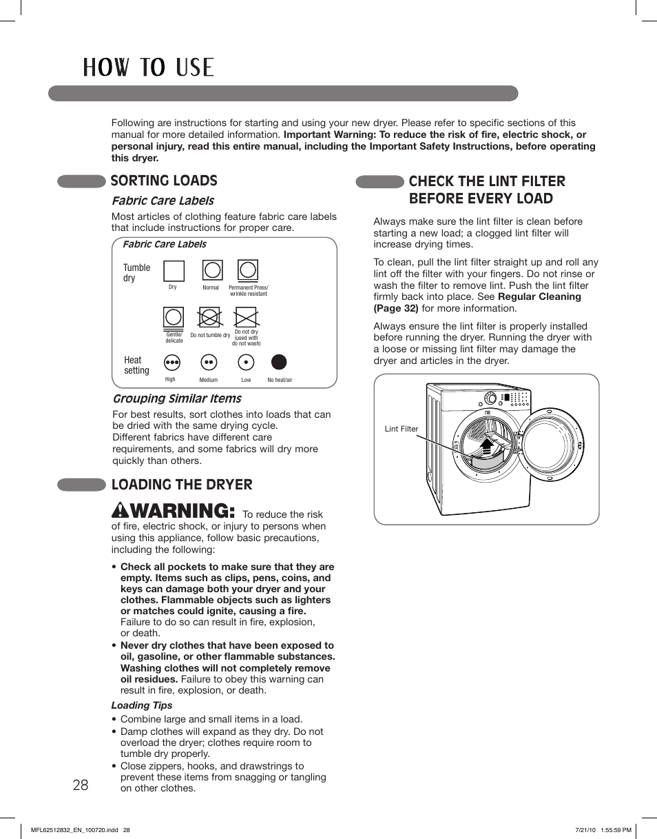 Wwarning, Sorting loads, Check the lint filter before every load | Loading the dryer | LG DLE2140W User Manual | Page 28 / 124