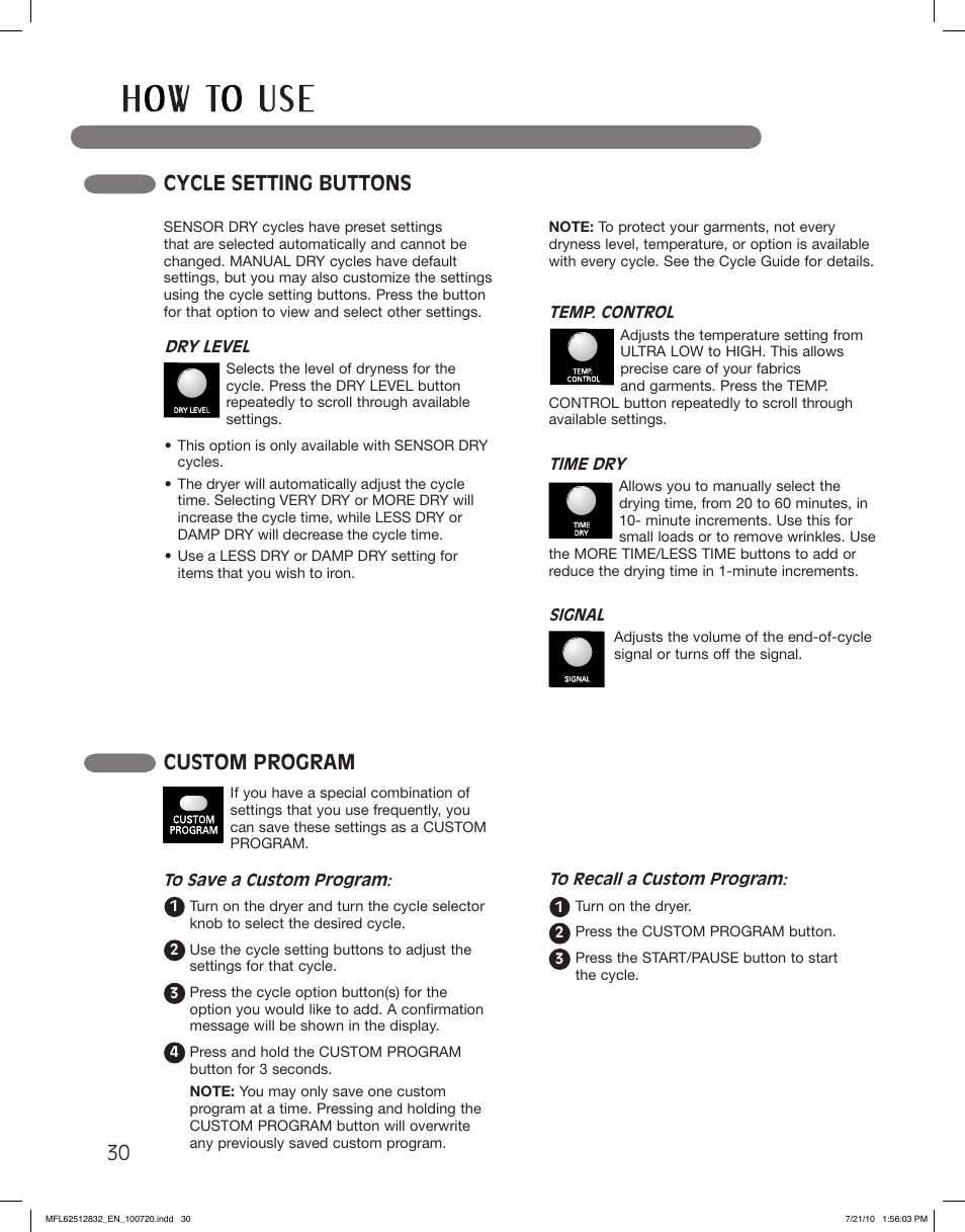 Cycle setting buttons, Custom program | LG DLE2140W User Manual | Page 30 / 124