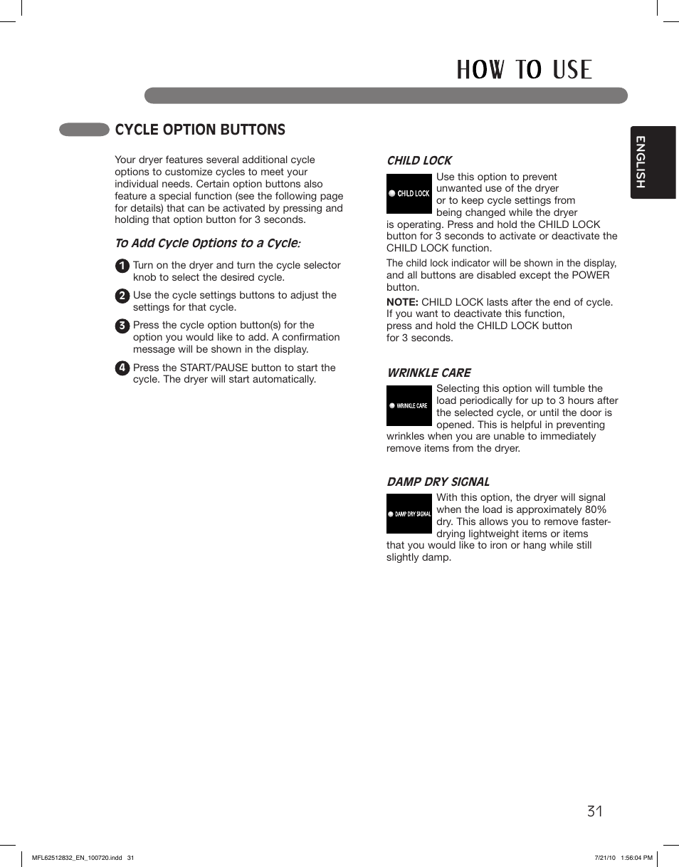 Cycle option buttons | LG DLE2140W User Manual | Page 31 / 124