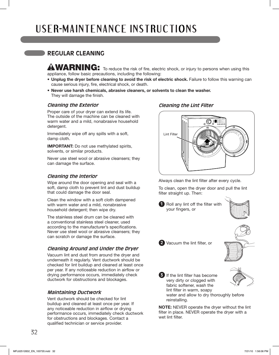 Wwarning, Regular cleaning | LG DLE2140W User Manual | Page 32 / 124