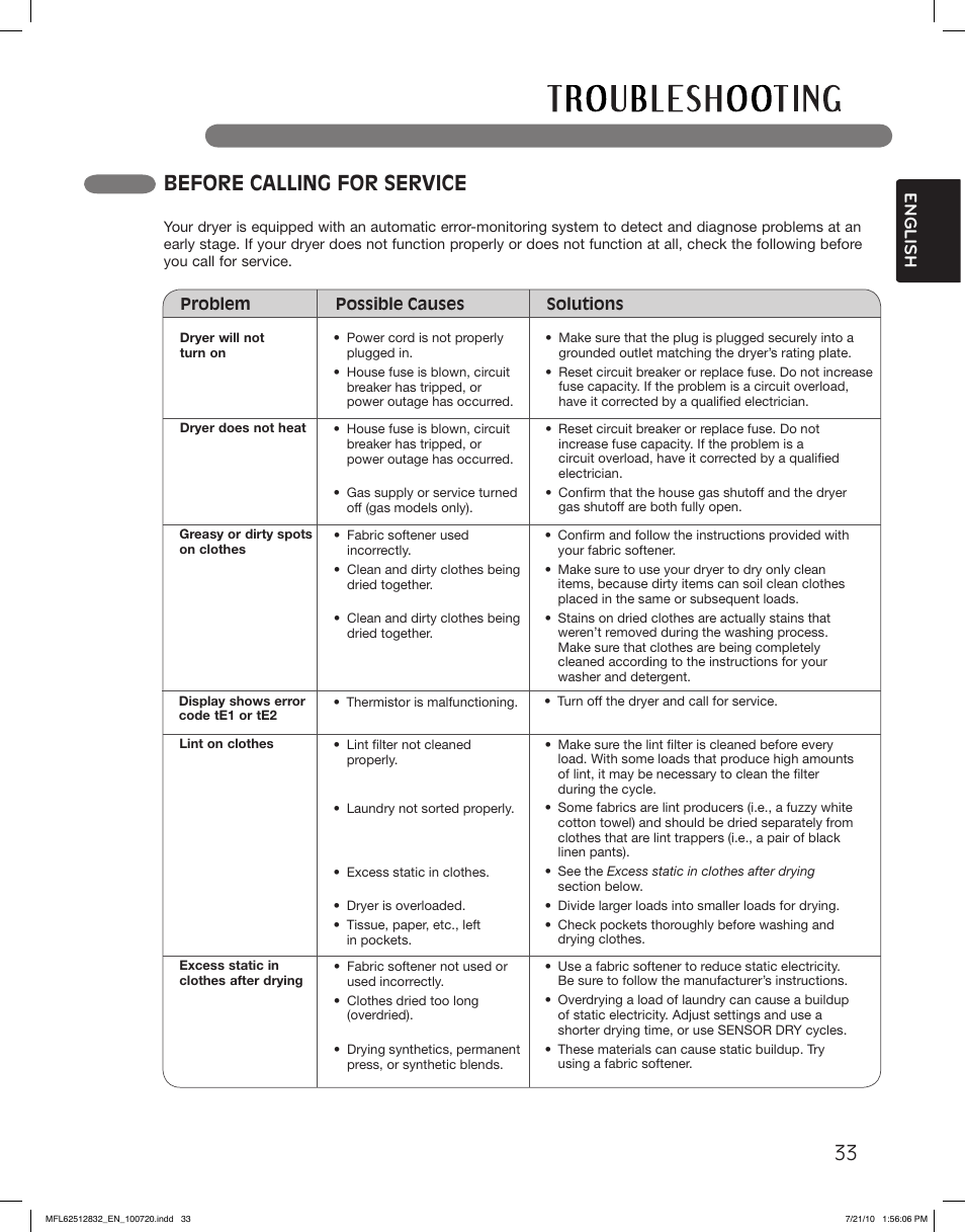 Before calling for service, English | LG DLE2140W User Manual | Page 33 / 124
