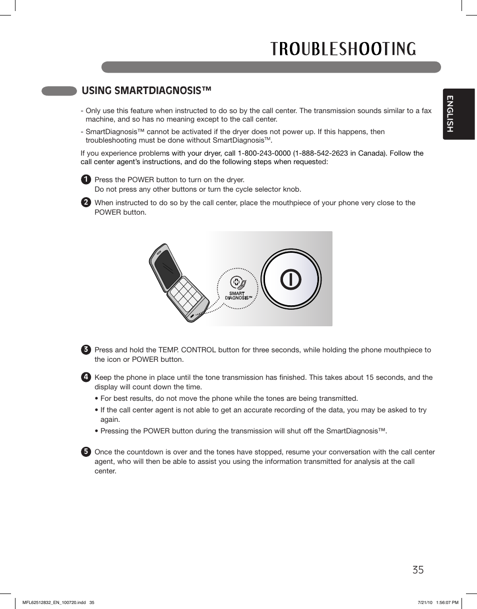 Using smartdiagnosis | LG DLE2140W User Manual | Page 35 / 124