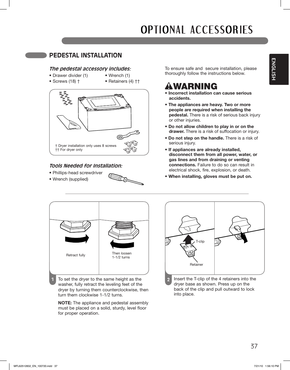 Wwarning, Pedestal installation | LG DLE2140W User Manual | Page 37 / 124