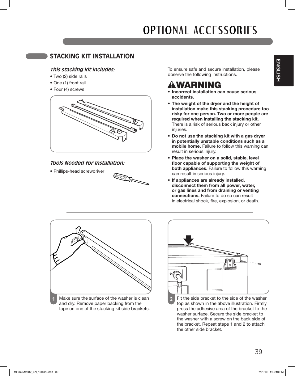 Wwarning, Stacking kit installation | LG DLE2140W User Manual | Page 39 / 124