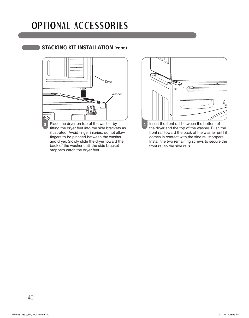 40 stacking kit installation | LG DLE2140W User Manual | Page 40 / 124
