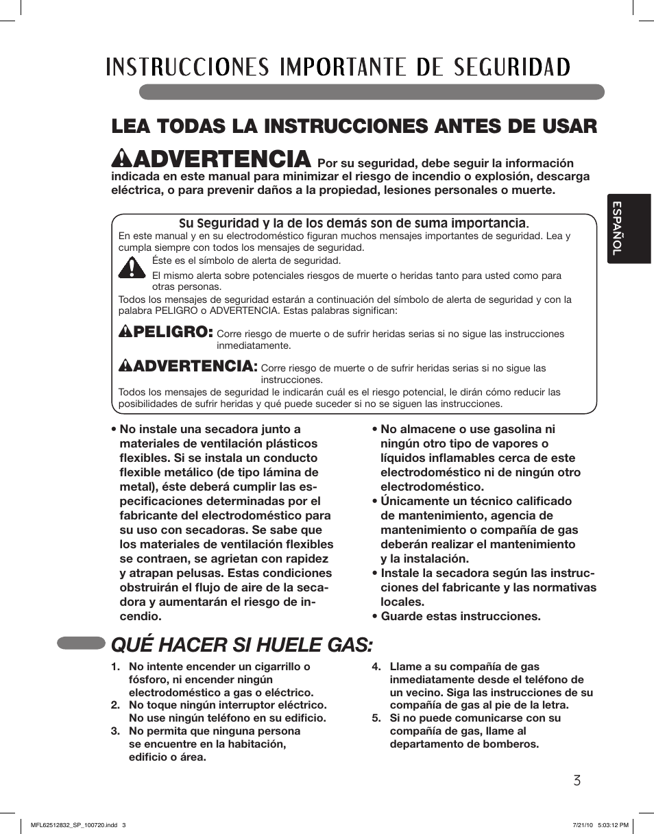 Lea todas la instrucciones antes de usar, Qué hacer si huele gas, Wpeligro | Wadvertencia | LG DLE2140W User Manual | Page 45 / 124