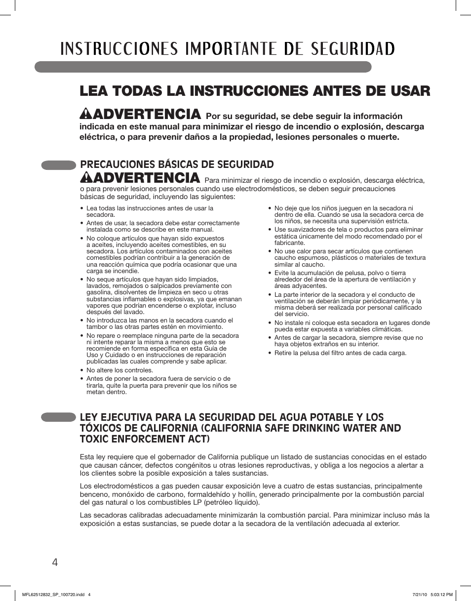 Wadvertencia, Precauciones básicas de seguridad | LG DLE2140W User Manual | Page 46 / 124