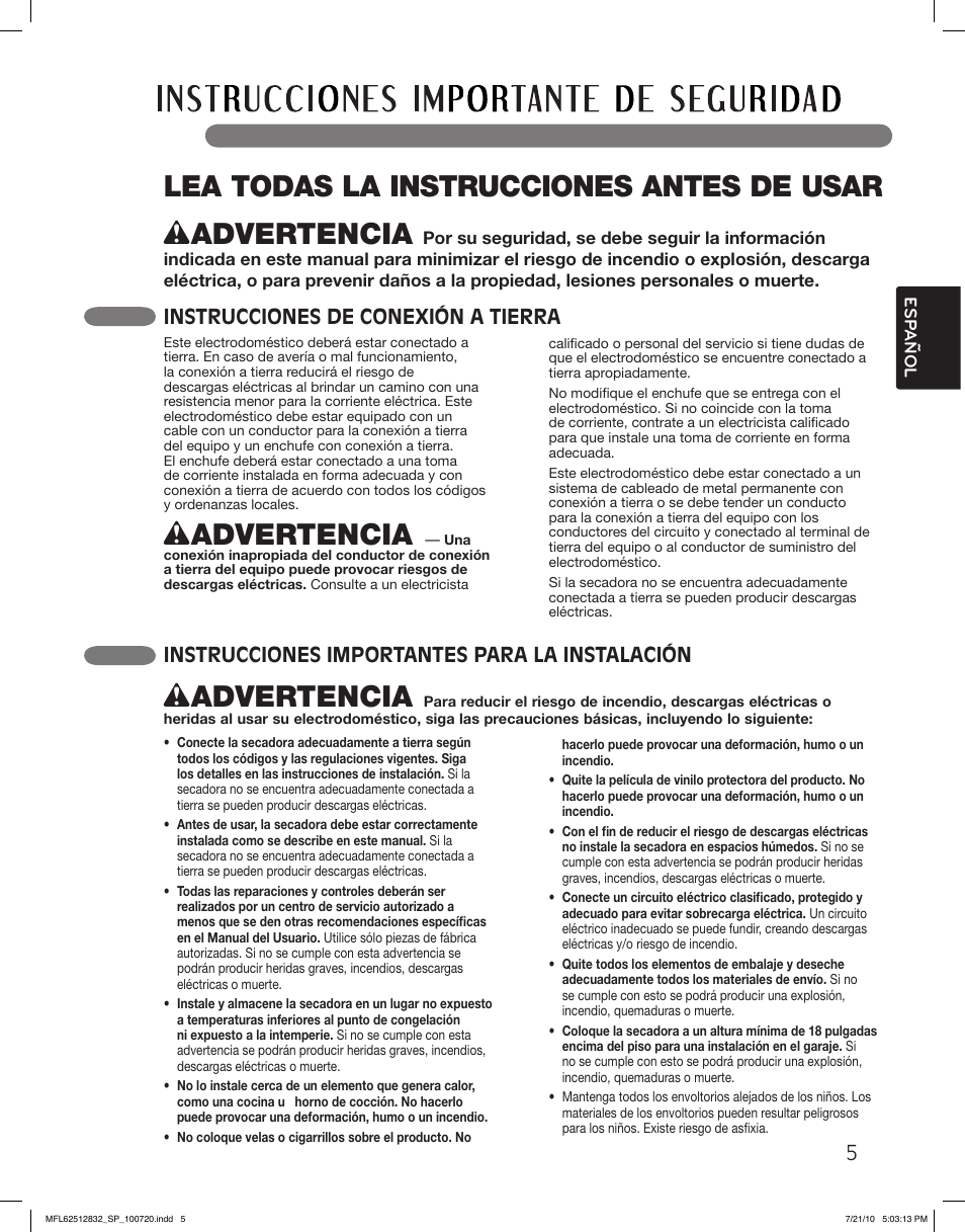 Lea todas la instrucciones antes de usar, Wadvertencia, Instrucciones de conexión a tierra | Instrucciones importantes para la instalación | LG DLE2140W User Manual | Page 47 / 124