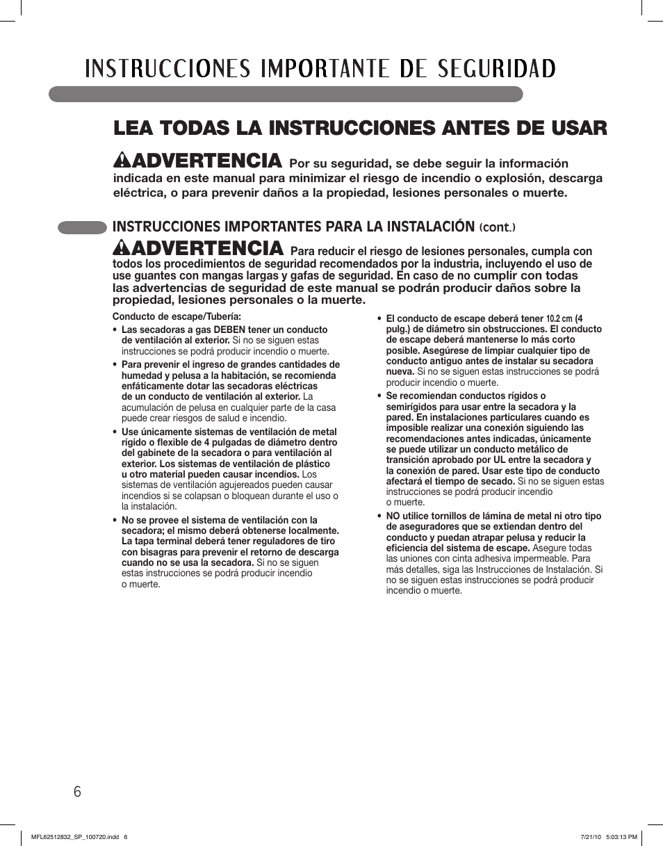 Wadvertencia, Instrucciones importantes para la instalación | LG DLE2140W User Manual | Page 48 / 124