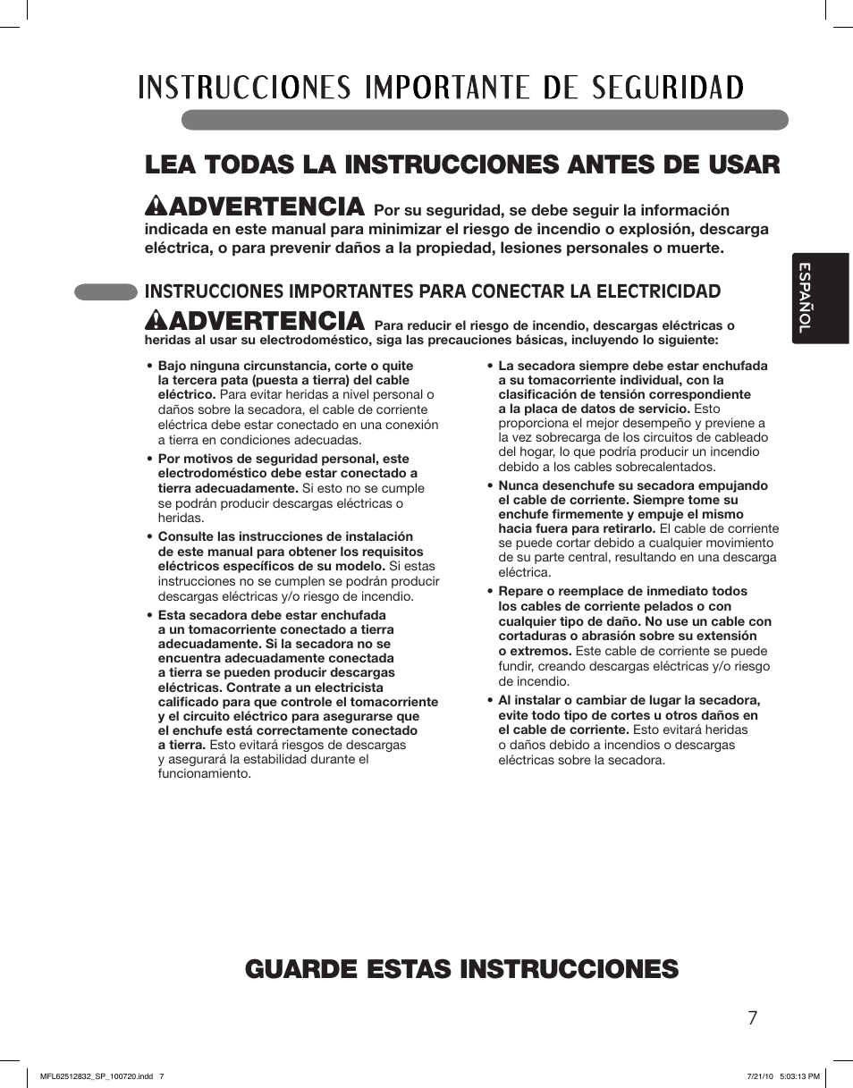 Guarde estas instrucciones, Wadvertencia, Lea todas la instrucciones antes de usar | LG DLE2140W User Manual | Page 49 / 124