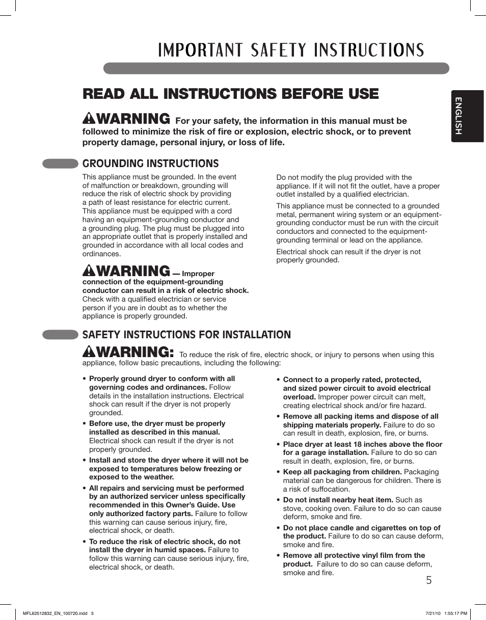 Wwarning, Read all instructions before use, Grounding instructions | Safety instructions for installation | LG DLE2140W User Manual | Page 5 / 124