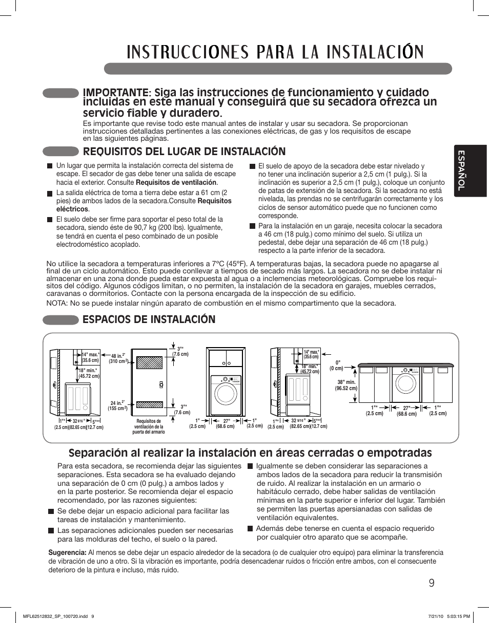 Espacios de instalación, Requisitos del lugar de instalación 9, Esp anol | LG DLE2140W User Manual | Page 51 / 124