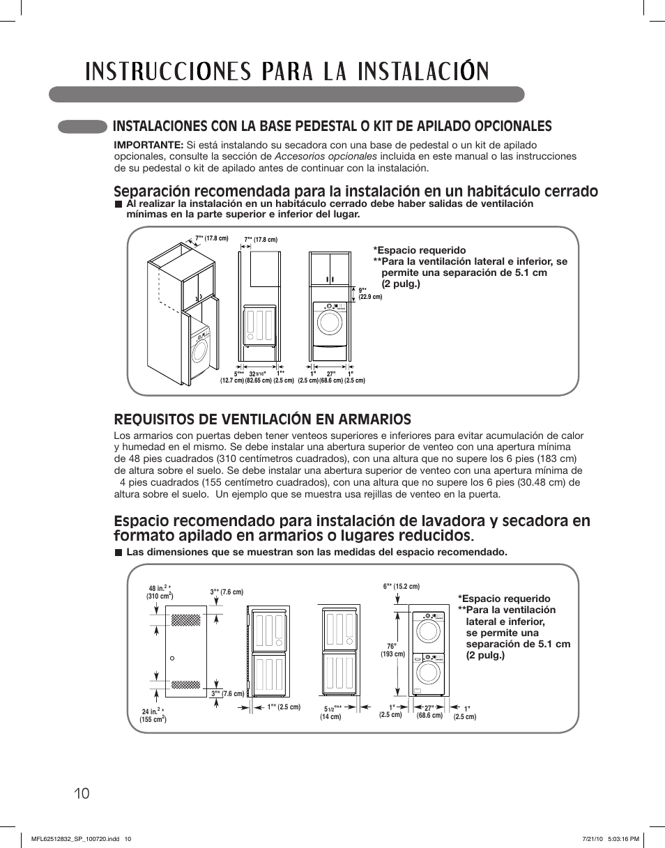 Requisitos de ventilación en armarios | LG DLE2140W User Manual | Page 52 / 124