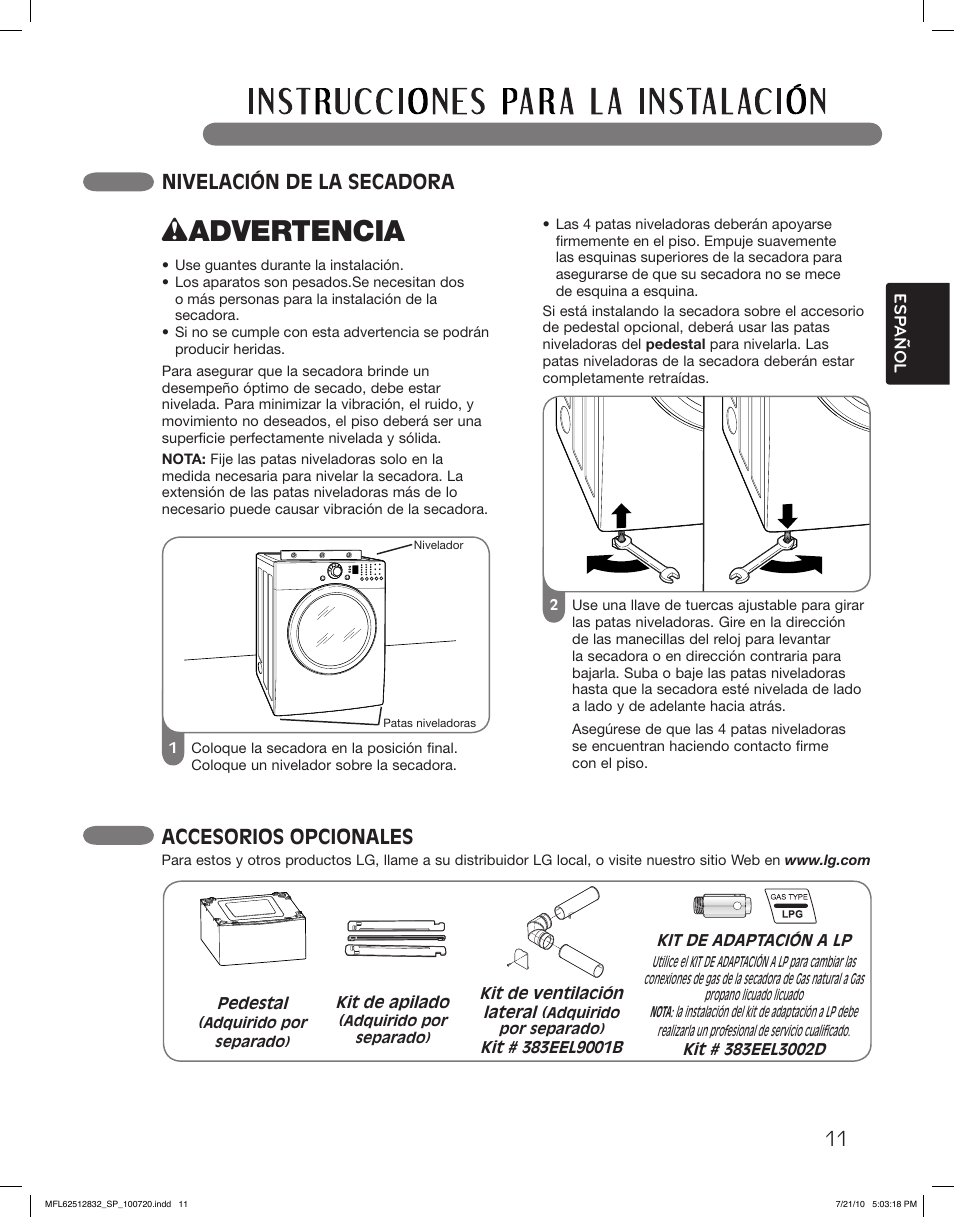 Wadvertencia, Nivelación de la secadora, Accesorios opcionales | LG DLE2140W User Manual | Page 53 / 124