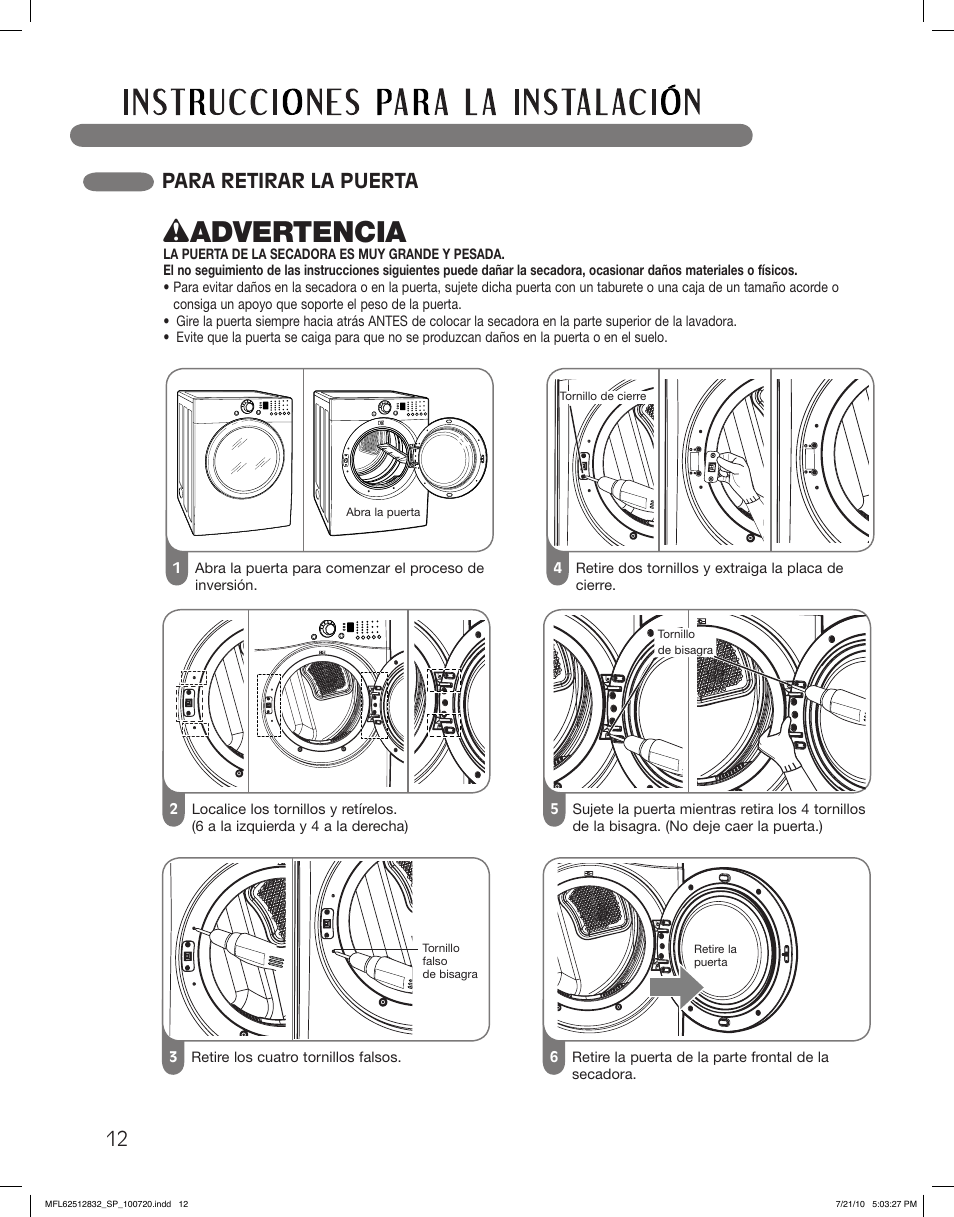 Wadvertencia, Para retirar la puerta | LG DLE2140W User Manual | Page 54 / 124