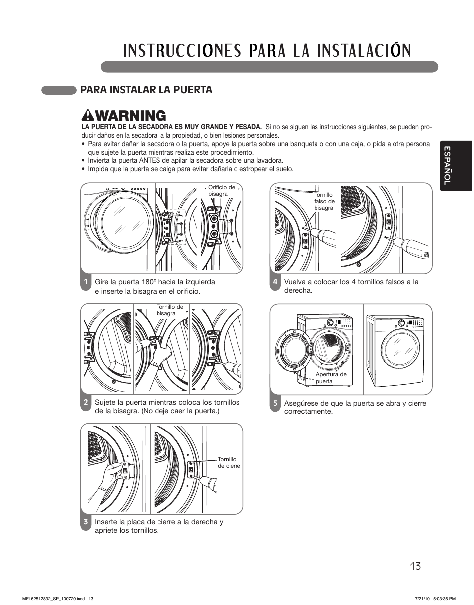 Wwarning, Para instalar la puerta | LG DLE2140W User Manual | Page 55 / 124