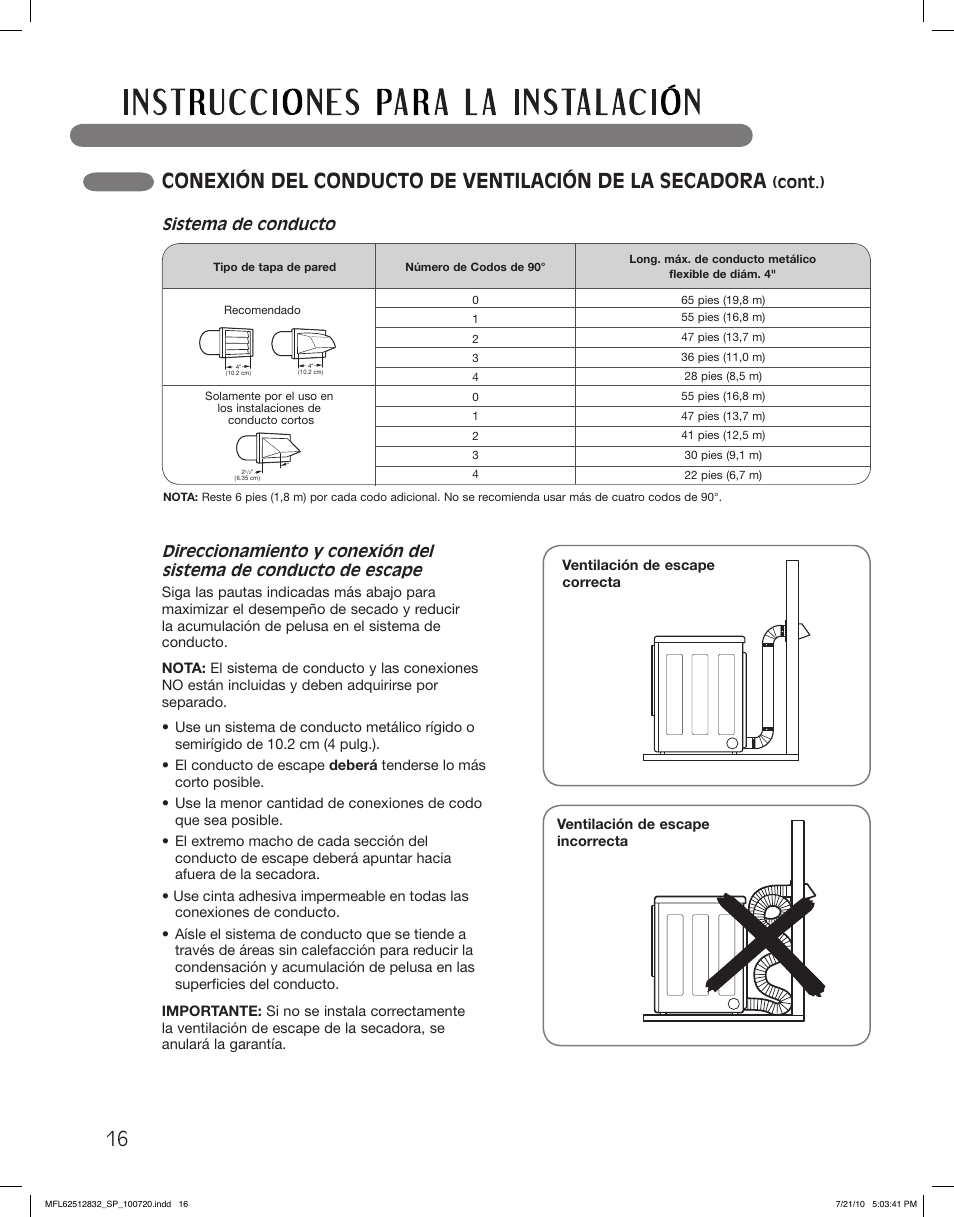 Cont.), Sistema de conducto | LG DLE2140W User Manual | Page 58 / 124