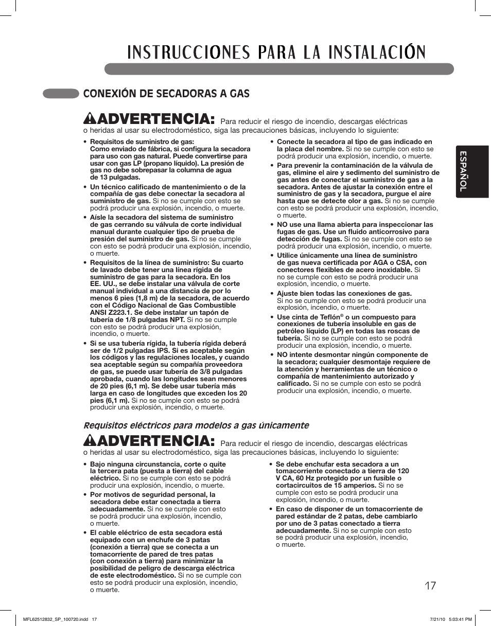 Wadvertencia, 17 conexión de secadoras a gas | LG DLE2140W User Manual | Page 59 / 124