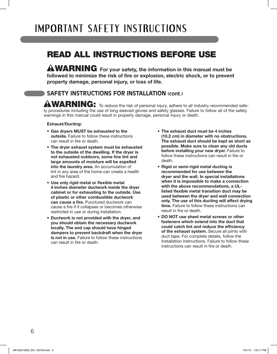 Read all instructions before use, Wwarning, Safety instructions for installation | LG DLE2140W User Manual | Page 6 / 124