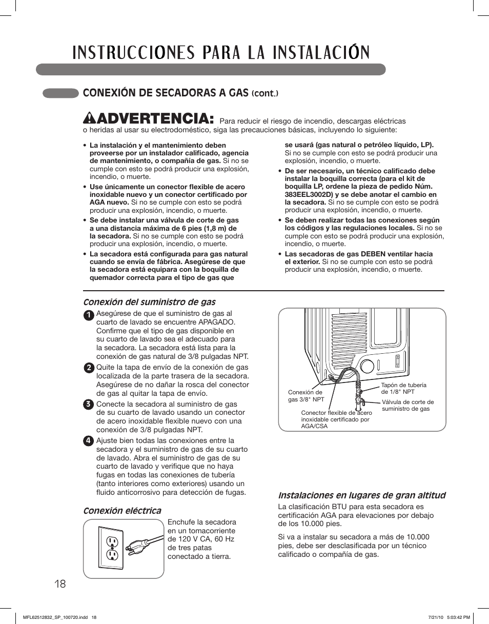 Wadvertencia, Conexión de secadoras a gas | LG DLE2140W User Manual | Page 60 / 124