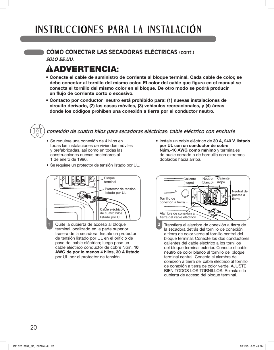 Wadvertencia, Cómo conectar las secadoras eléctricas | LG DLE2140W User Manual | Page 62 / 124