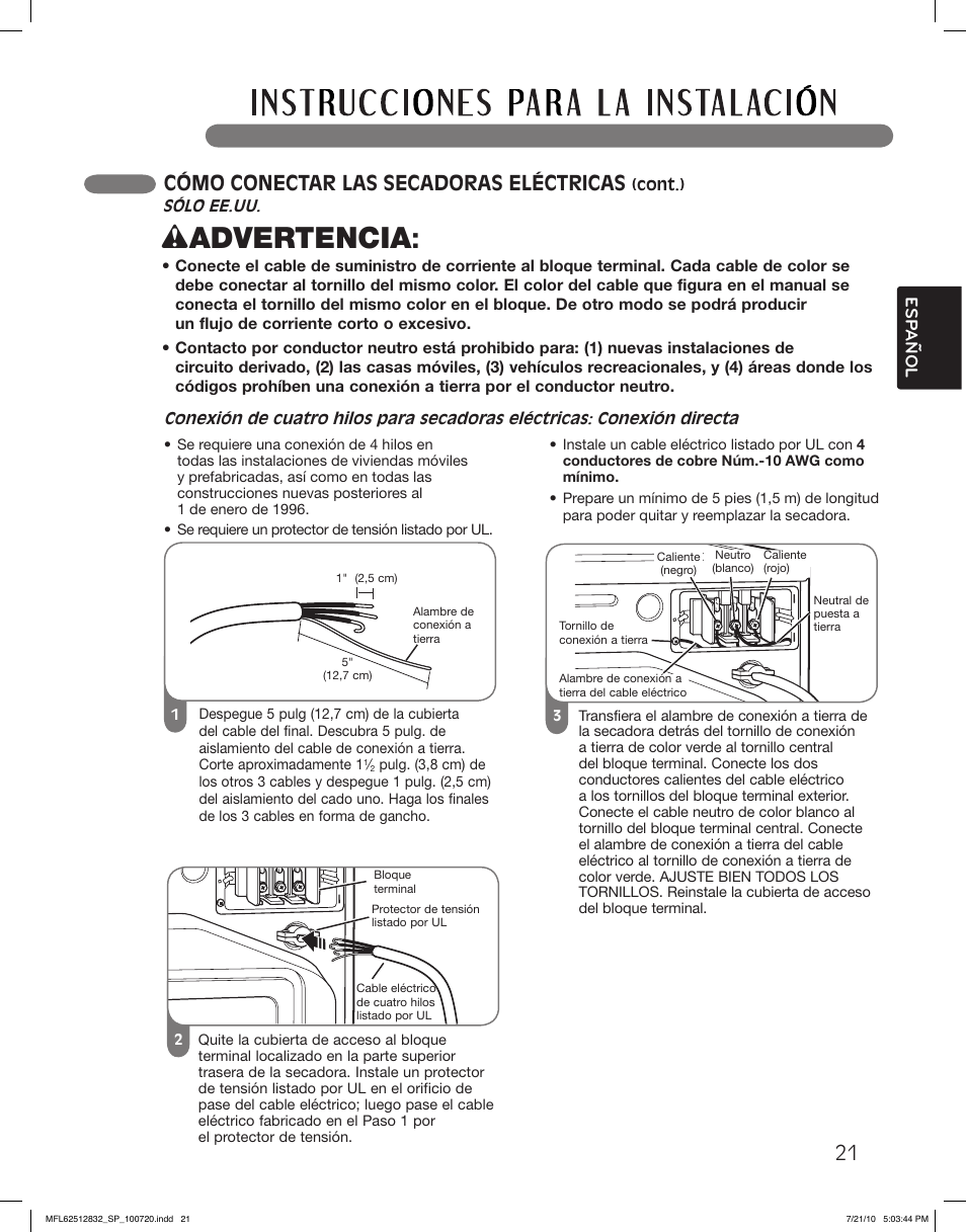 Wadvertencia, Cómo conectar las secadoras eléctricas | LG DLE2140W User Manual | Page 63 / 124