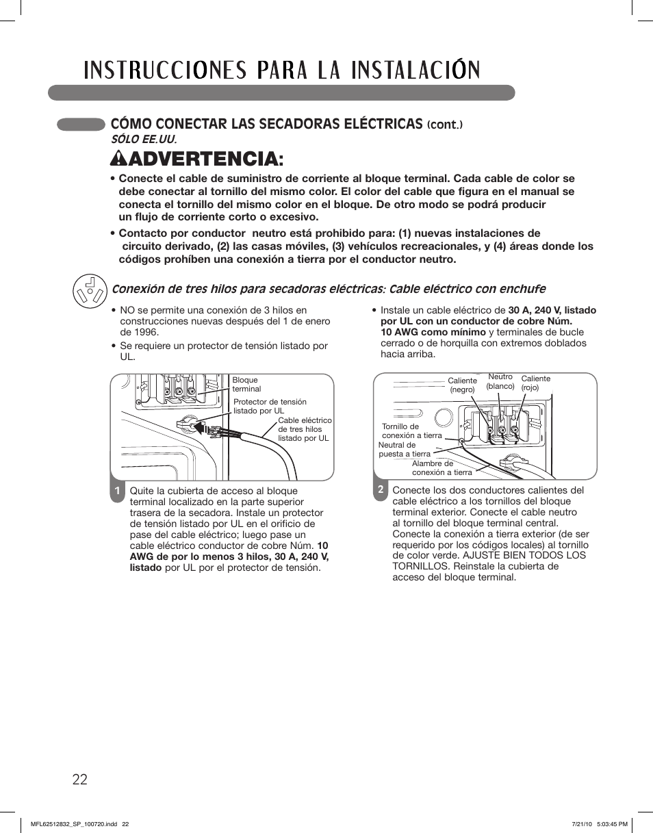 Wadvertencia, Cómo conectar las secadoras eléctricas | LG DLE2140W User Manual | Page 64 / 124