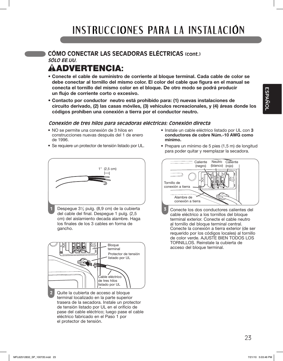 Wadvertencia, Cómo conectar las secadoras eléctricas | LG DLE2140W User Manual | Page 65 / 124