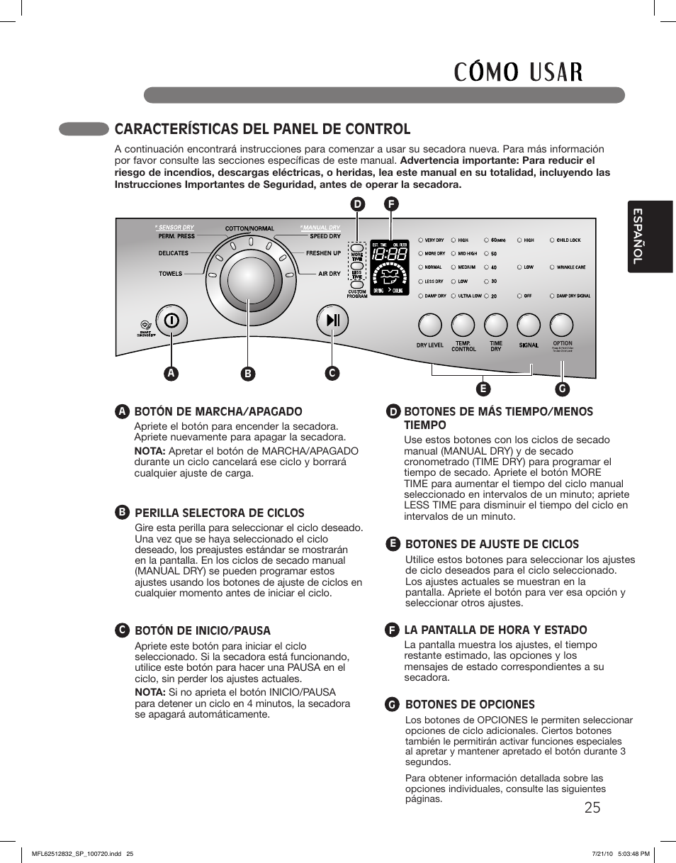Características del panel de control | LG DLE2140W User Manual | Page 67 / 124