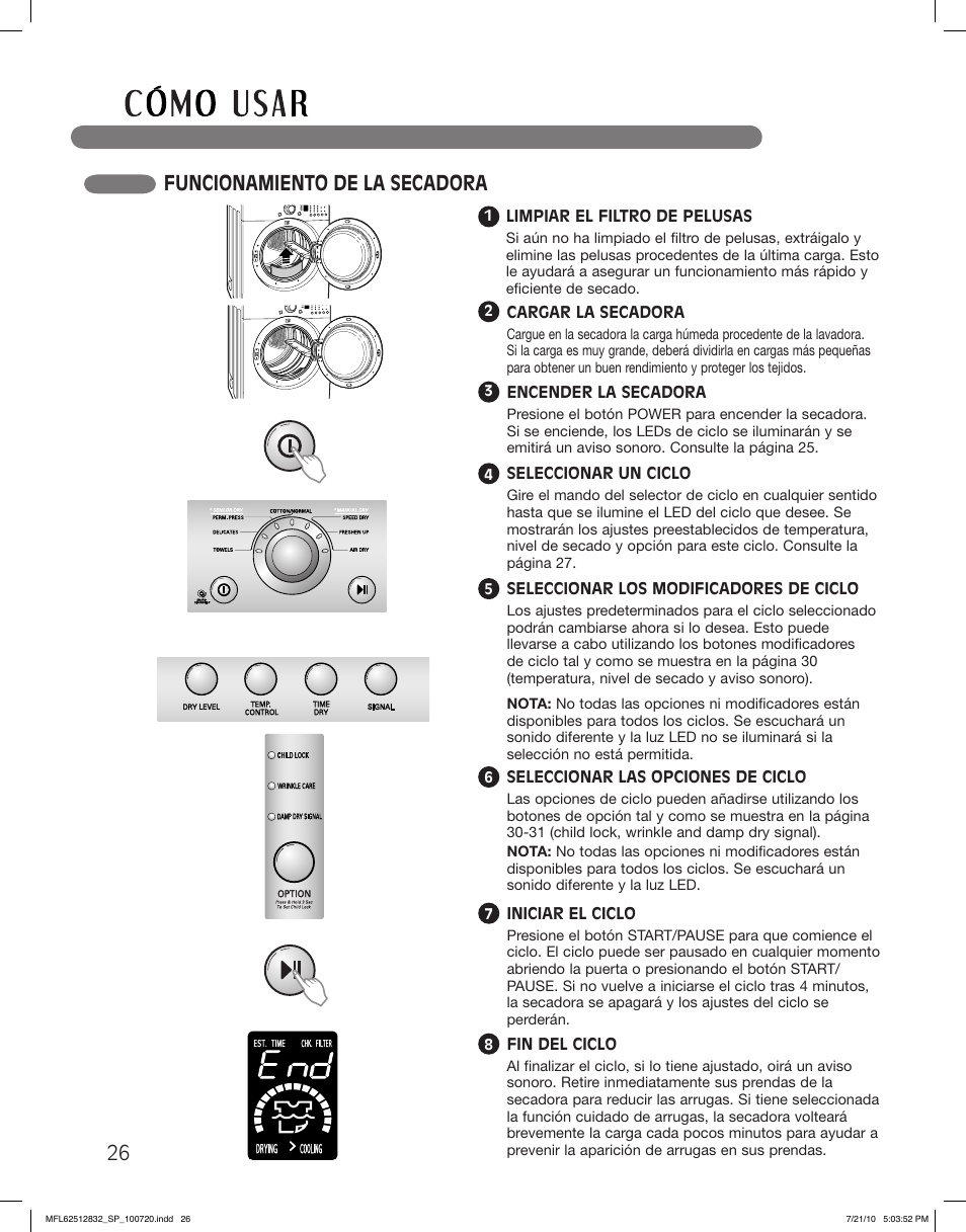 Funcionamiento de la secadora | LG DLE2140W User Manual | Page 68 / 124