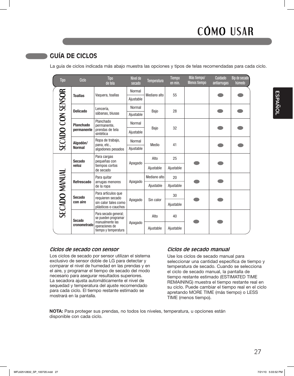 Guía de ciclos, Esp anol | LG DLE2140W User Manual | Page 69 / 124