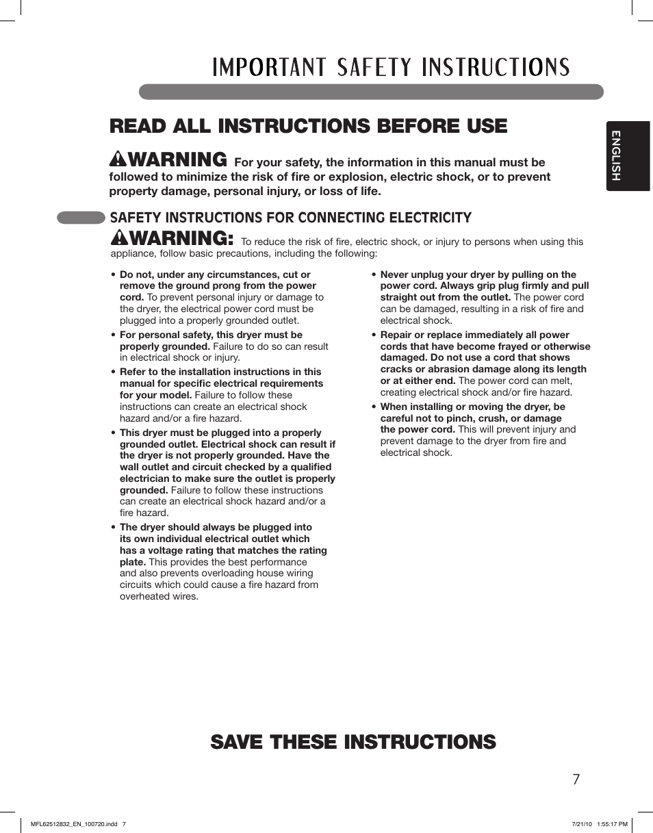 Save these instructions, Wwarning, Read all instructions before use w warning | 7safety instructions for connecting electricity | LG DLE2140W User Manual | Page 7 / 124
